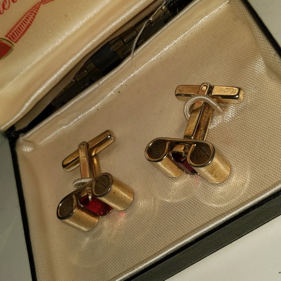 Hickok Signed 1940s Mid Century Ruby Gold Tone Men's Cuff Links Jewelry - Picture 6 of 10